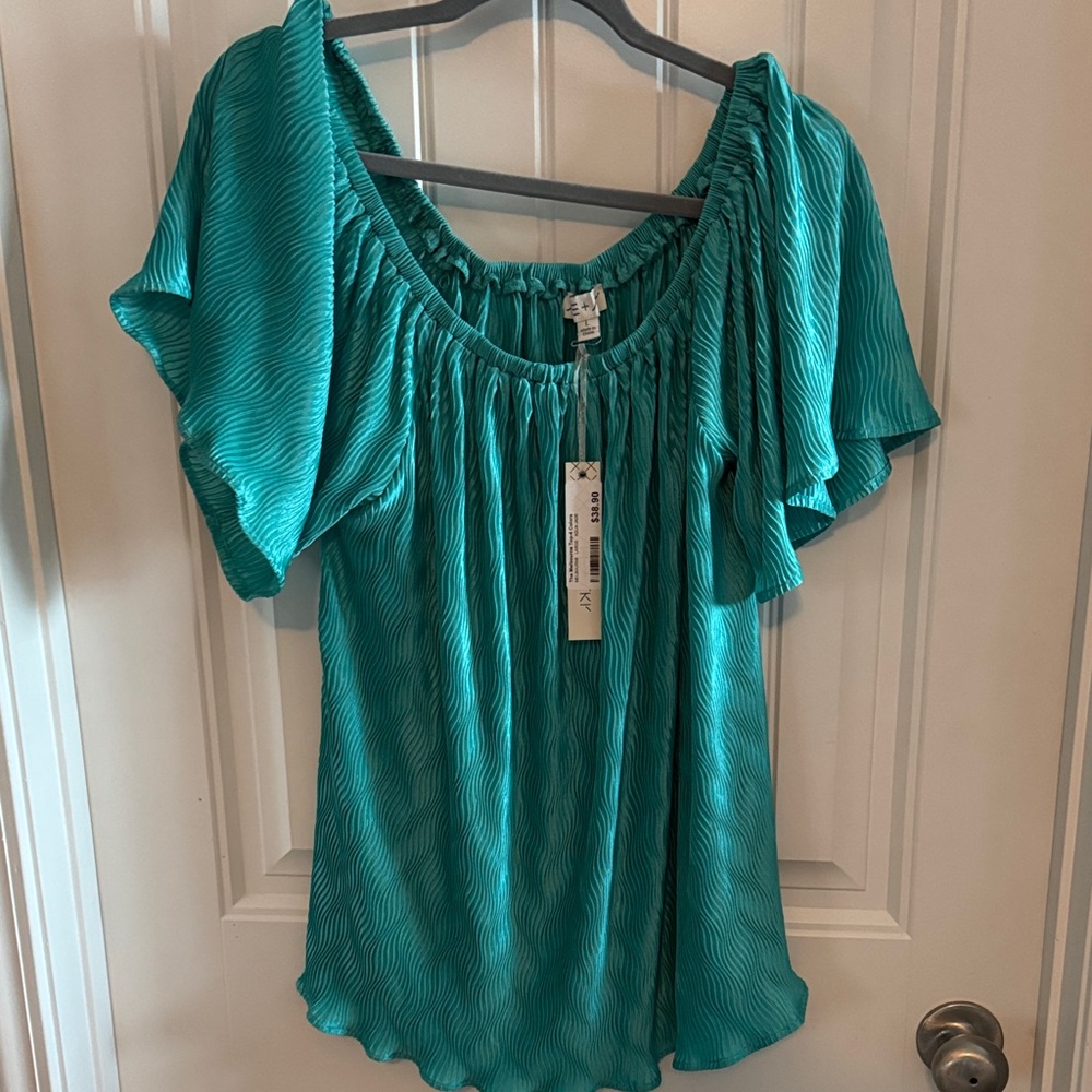 She and Sky Teal Blouse with Ruffle Sleeves